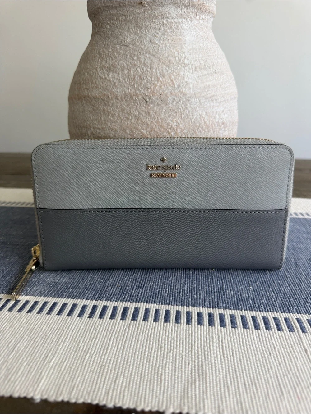 Kate Spade Two-Tone Gray Zip Around Wallet with Gold Hardware